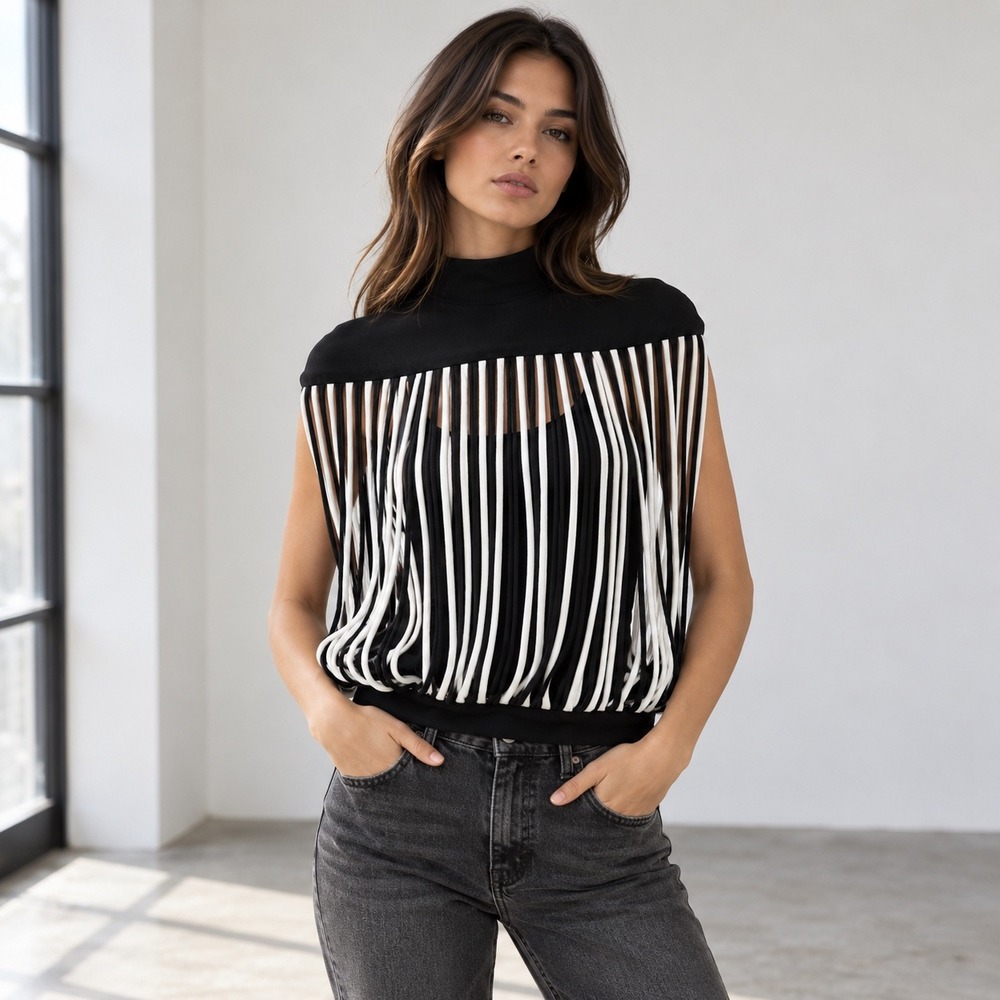 AKIRA Power Trip Fringe Blouse L/XL Black White Avant Garde Statement Top